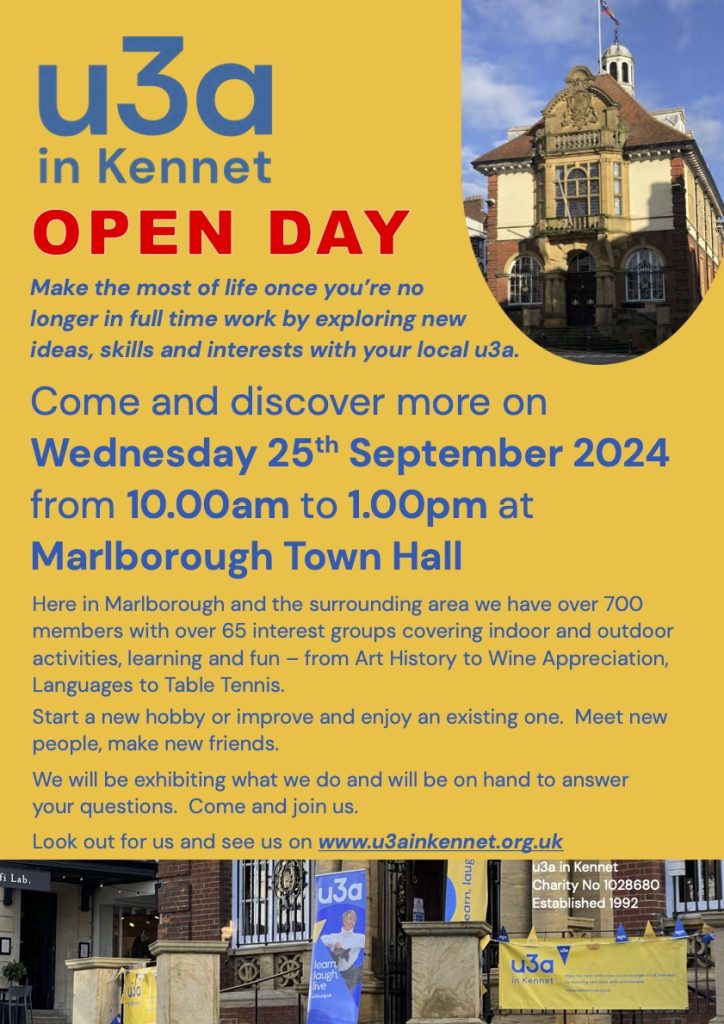 Poster advertising u3a in Kennet Open Day Wednesday 25th September 2024, Marlborough Town Hall 10am - 1pm